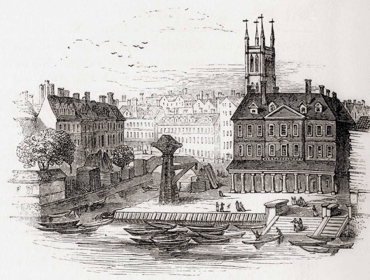 Fleet Ditch, London, England im Jahr 1749 an der Stelle, wo es in die Themse bei Bridewell mündete, aus Old England: A Pictorial Museum, veröffentlicht 1847 von English School