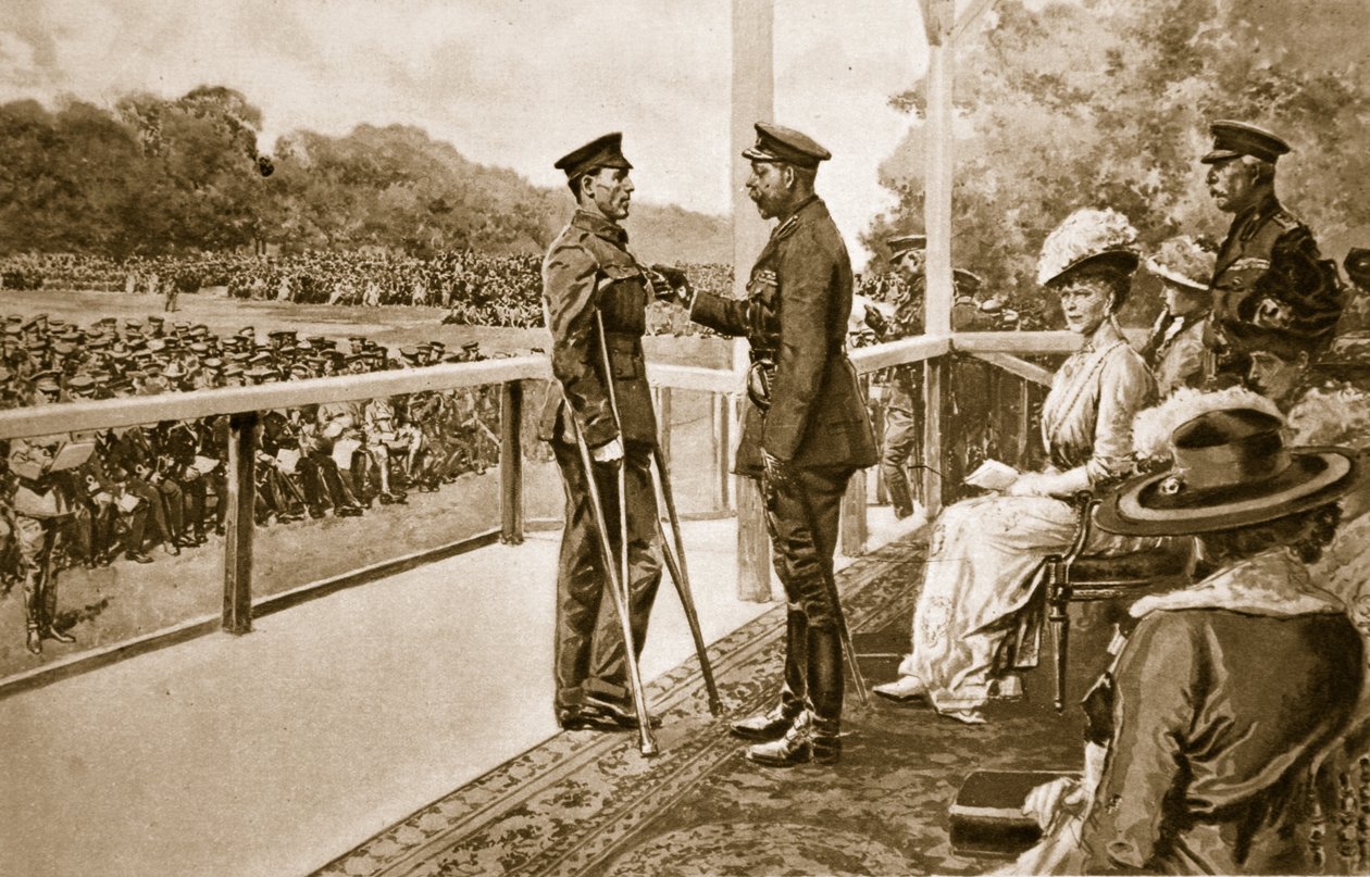 Für Tapferkeit: König George dekoriert Private Thomas Hughes von den Connaught Rangers mit dem Victoria-Kreuz im Hyde Park, 2. Juni 1917, 1914-19 von English School