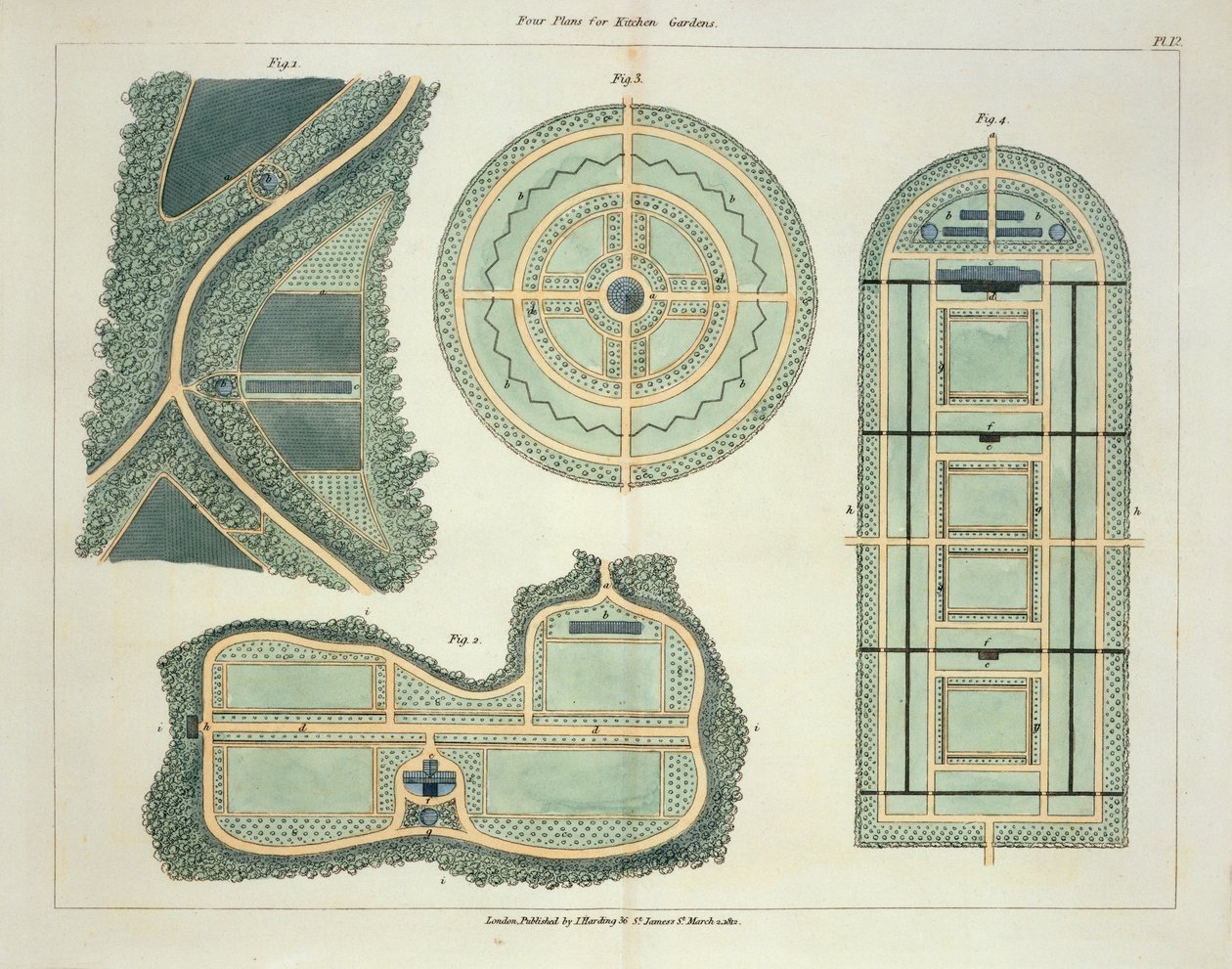 Vier Pläne für Küchengärten, aus Hinweise zur Gestaltung von Gärten und Lustgärten von John Claudius Loudon (1783-1843) veröffentlicht 1812 von English School
