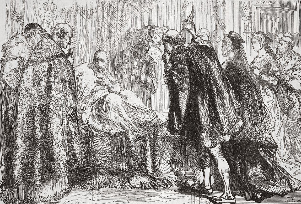 Franz I. auf seinem Sterbebett, Illustration aus Die Geschichte des Protestantismus von James Aitken Wylie, veröffentlicht 1878 von English School