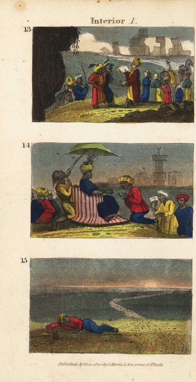 Frederick Horneman liest den Koran den Berbern der Siwa-Oase vor, eine Karawane begrüßt den Sultan von Fezzan und ein Reisender bleibt in der Wüste zurück von English School