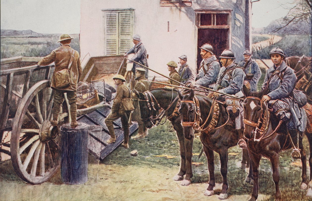 Französische Lanzenreiter kommen an einem Dorfvorposten an, um den britischen Streitkräften zu helfen, 1914-19 von English School