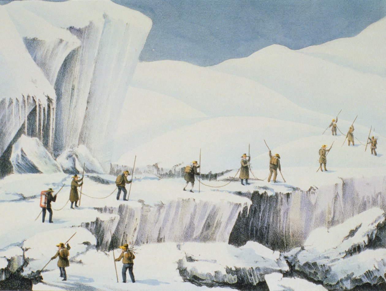 Häufiges Auftreten von Eis mit Schneebrücken, aus Einem Bericht über den Aufstieg zum Gipfel des Mont Blanc von Charles Fellows, veröffentlicht 1827 von English School
