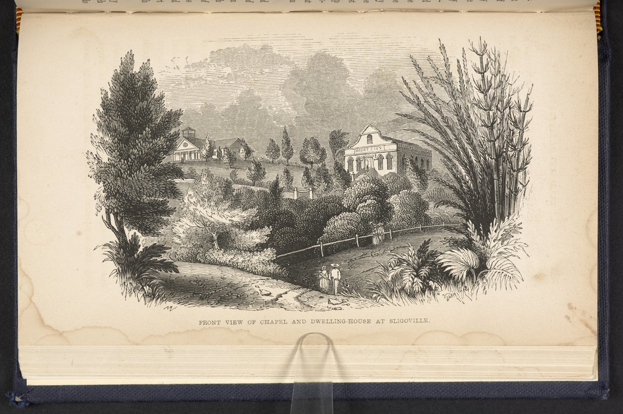Vorderansicht der Kapelle und des Wohnhauses in Sligoville (Gravur) von English School