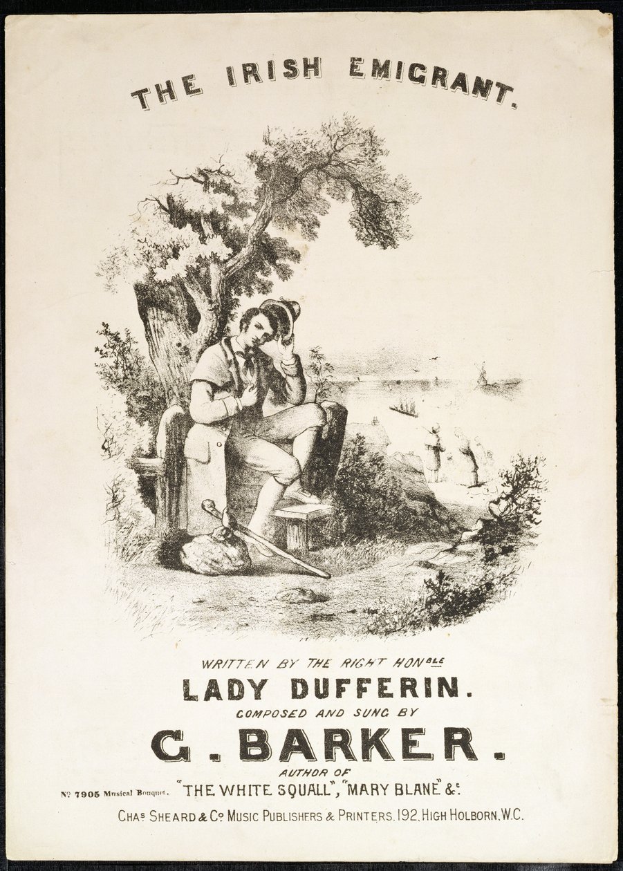 Titelseite der Partitur für The Irish Immigrant, geschrieben von Lady Dufferin, komponiert von G. Barker von English School