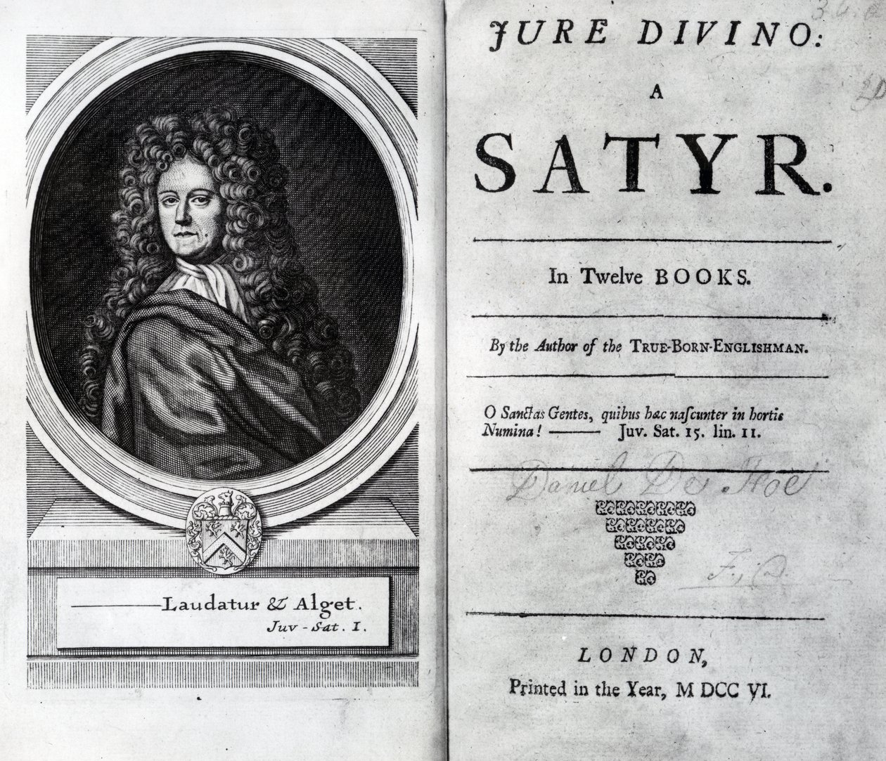 Frontispiz und Titelseite für Jure Divino: A Satyr von Daniel Defoe, veröffentlicht 1706 von English School