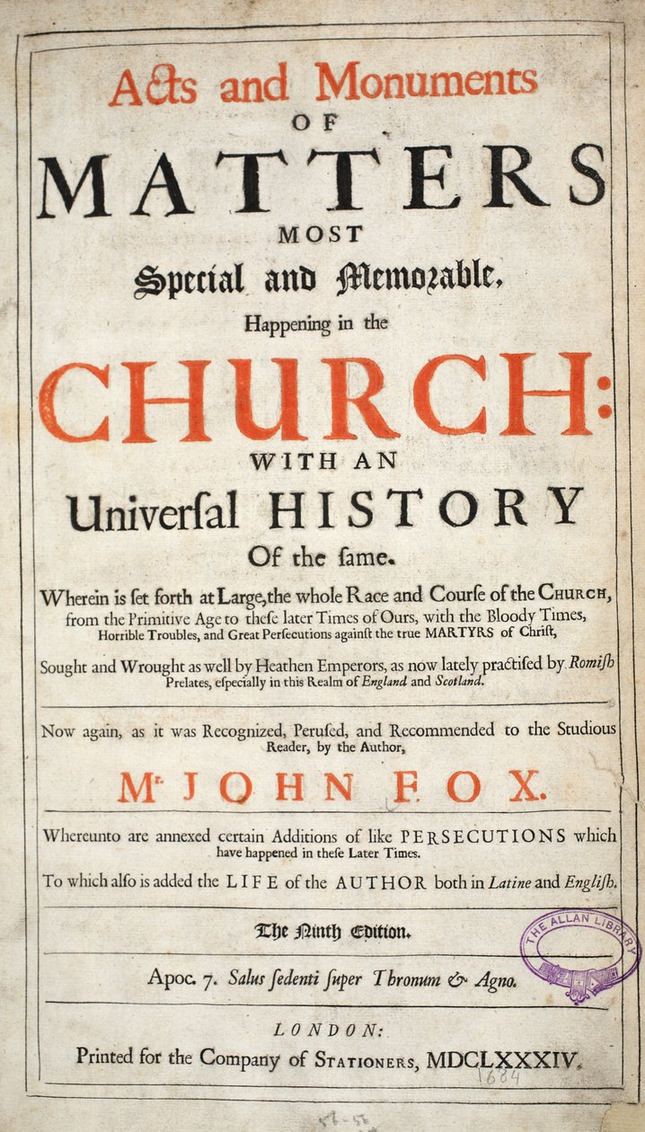 Frontispiz, aus Acts and Monuments von John Foxe, neunte Ausgabe, veröffentlicht 1684 von English School
