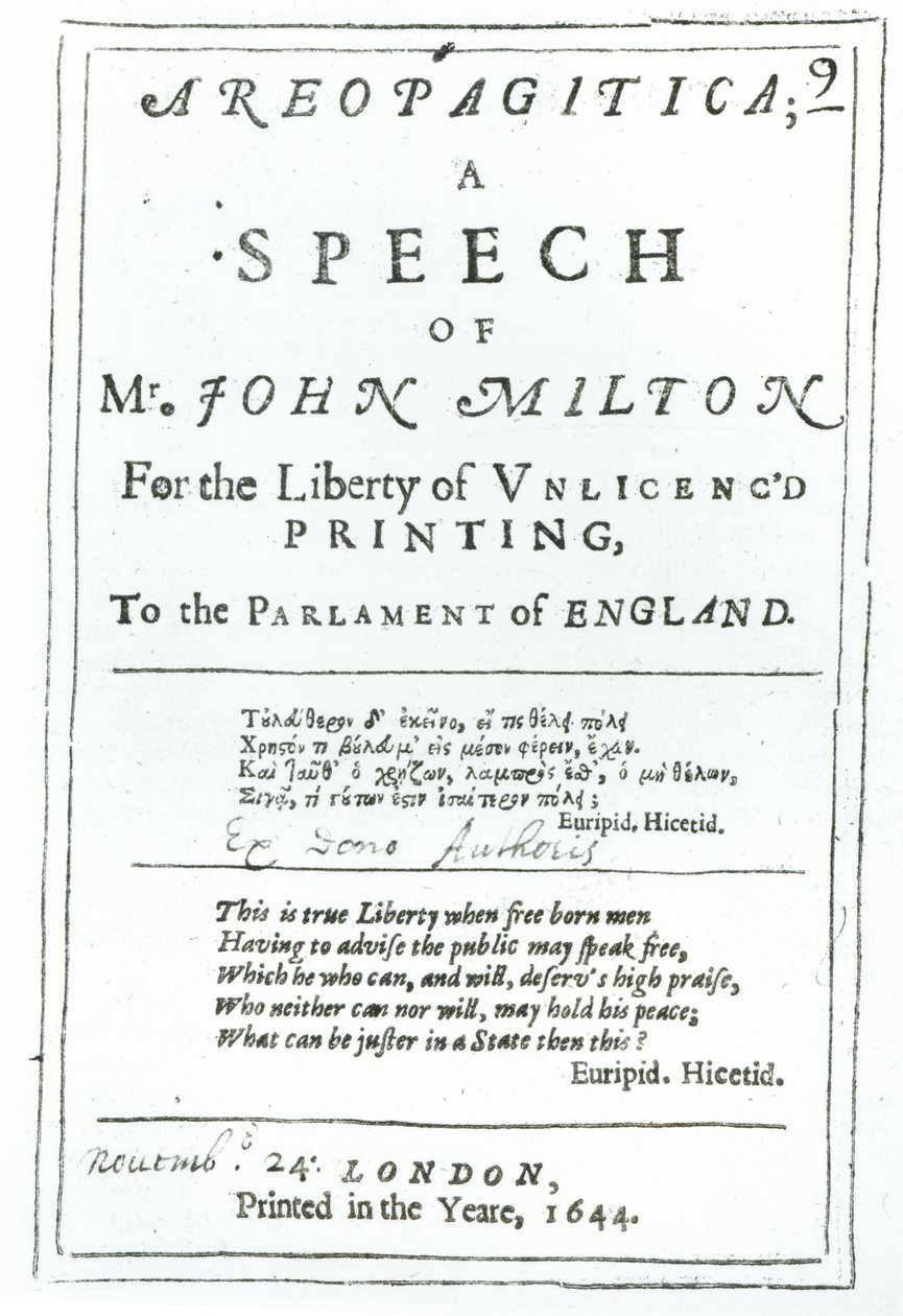 Frontispiz von Areopagitica, eine Rede von John Milton (1608-74) veröffentlicht 1644 von English School