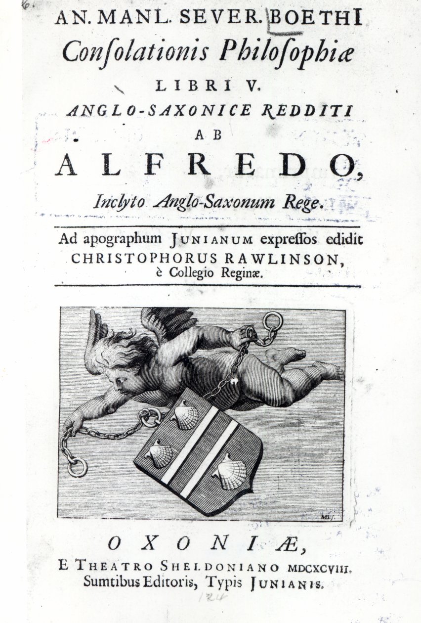 Frontispiz zu Christopher Rawlinsons Übersetzung von Alfred des Großen Ausgabe von Boethius De Consolationis Philosophiae, 1698 von English School