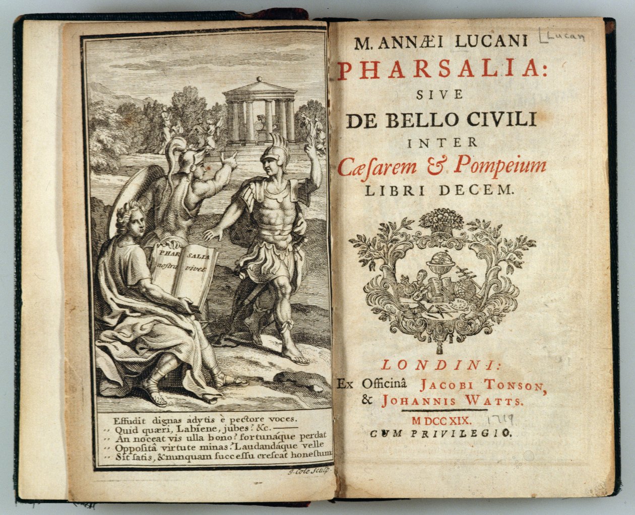 Frontispiz zu Pharsalia oder Der Bürgerkrieg zwischen Caesar und Pompeius von Marcus Annaeus Lucan, graviert von J. Cole, 1719 von English School