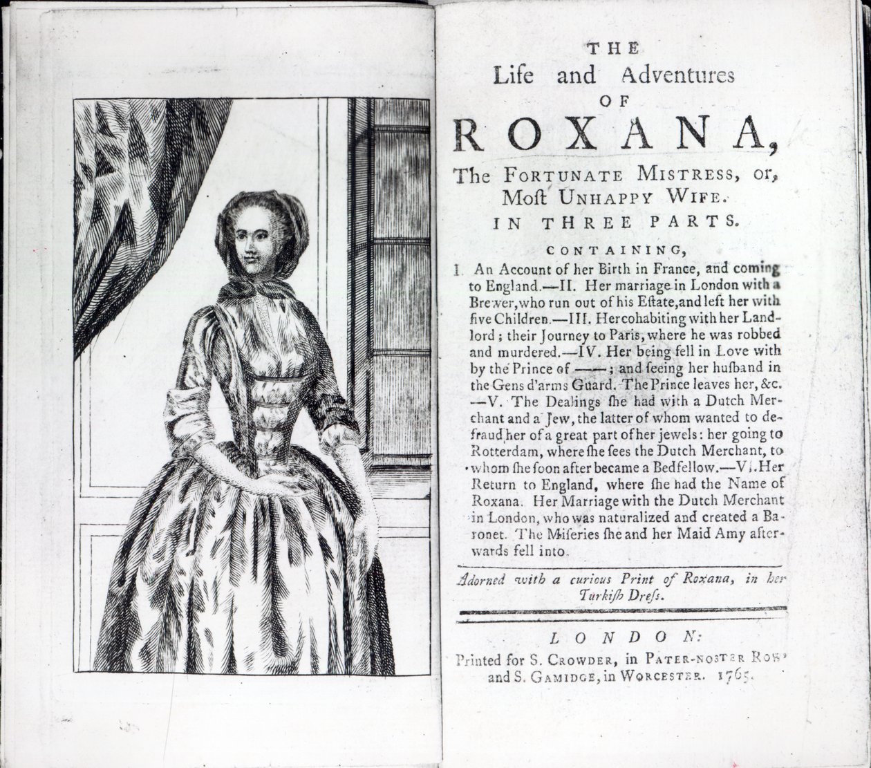 Frontispiz zu Roxana, Die glückliche Mätresse von Daniel Defoe, Ausgabe veröffentlicht 1765 von English School