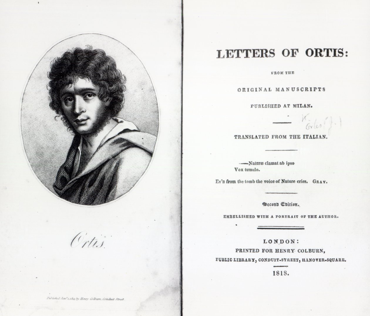 Frontispiz zu Die Briefe von Ortis von Niccolo Ugo Foscolo, Ausgabe veröffentlicht 1818 von English School