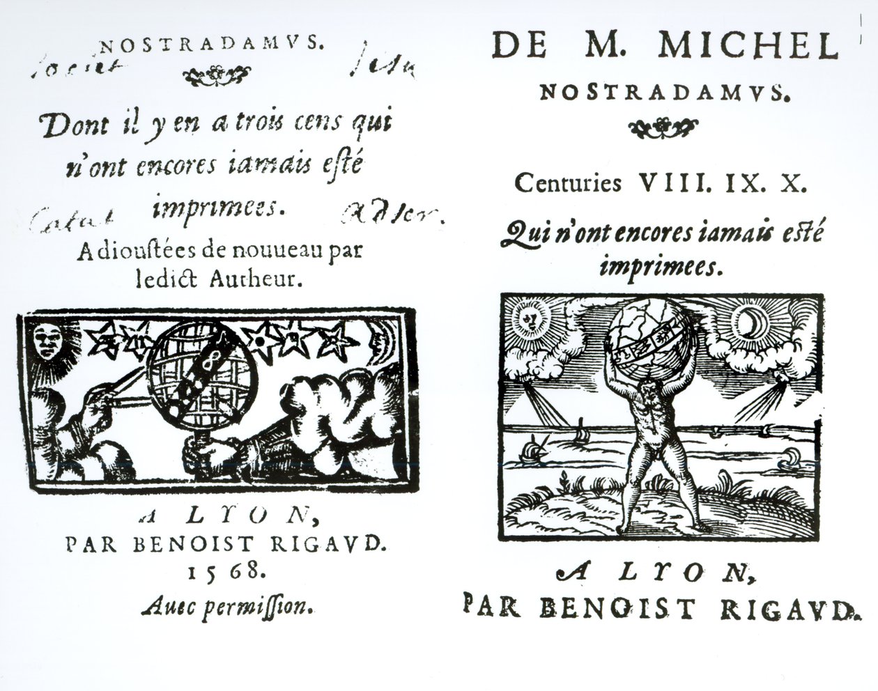 Frontispiz zu Die Prophezeiungen von M. Michel Nostradamus, veröffentlicht von Benoist Rigaud, 1568 von English School