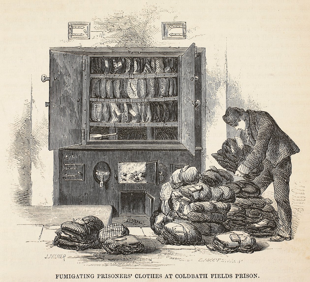 Desinfektion der Kleidung von Gefangenen im Coldbath Fields Prison, Illustration aus The Criminal Prisons of London and Scenes from Prison Life von Henry Mayhew und John Binny, veröffentlicht 1862 von English School