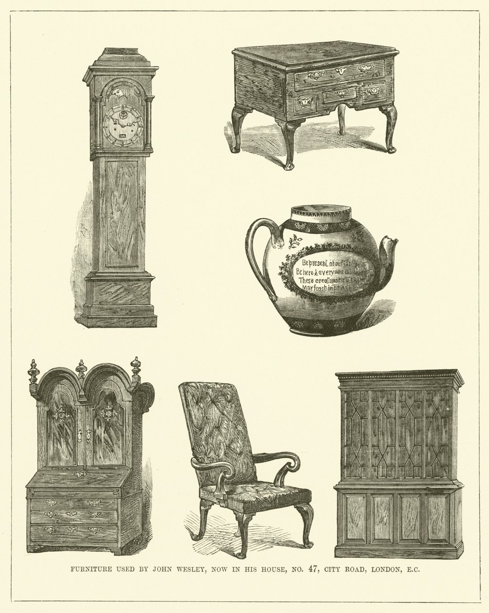 Möbel von John Wesley, jetzt in seinem Haus, Nr. 47, City Road, London, EC (Gravur) von English School