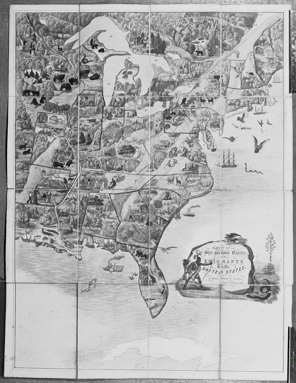 Spiel des Sternenbanners oder Auswanderer in die Vereinigten Staaten, um 1840 von English School