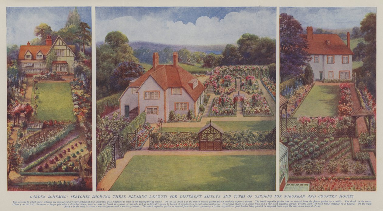 Gartenschemata, Skizzen, die drei ansprechende Layouts für verschiedene Aspekte und Arten von Gärten für Vorstadt- und Landhäuser zeigen von English School