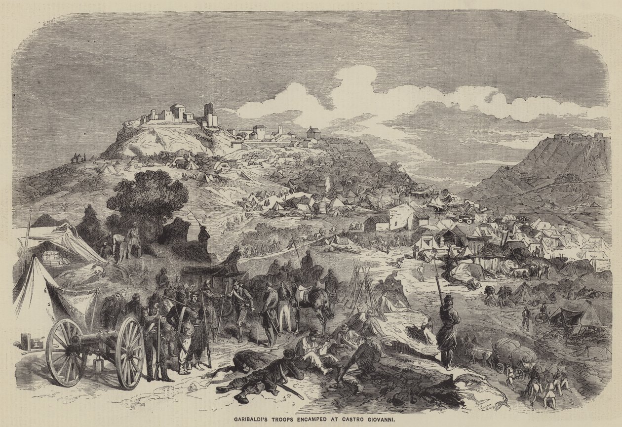 Garibaldis Truppen lagern bei Castro Giovanni (Gravur) von English School