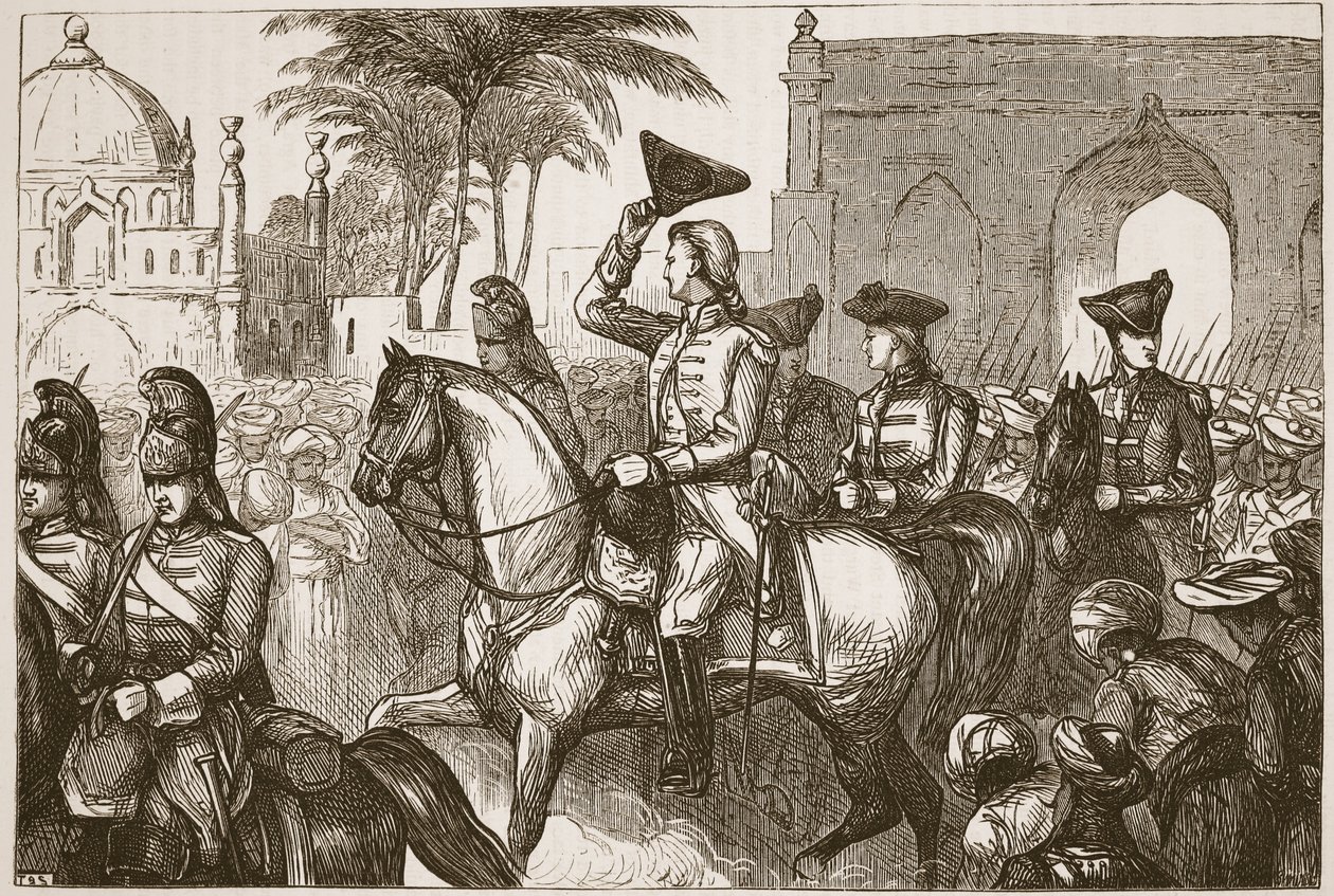 General Goddard betritt Surat, Illustration aus Cassells Illustrierter Geschichte Indiens von James Grant, veröffentlicht 1879 von English School