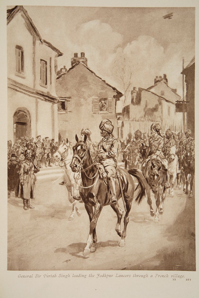 General Sir Pertab Singh führt die Jodhpur Lancers durch ein französisches Dorf, 1914-19 von English School