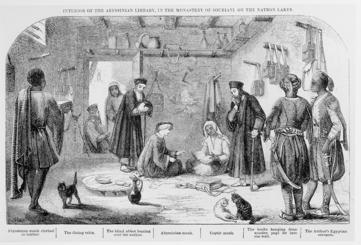 George Curzon inspiziert Bücher in der abessinischen Bibliothek im Kloster Souriani, aus Visits to Monasteries in the Levant, veröffentlicht 1849 von English School
