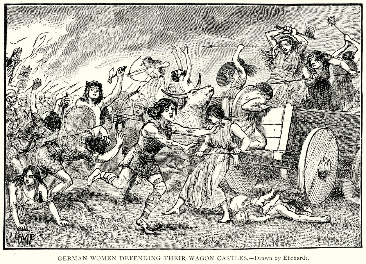 Deutsche Frauen verteidigen ihre Wagenburgen (Gravur) von English School