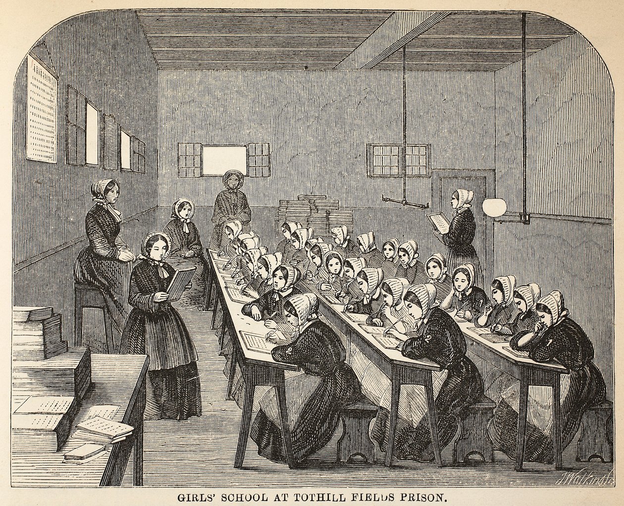 Mädchenschule im Tothill Fields Prison, Illustration aus The Criminal Prisons of London and Scenes from Prison Life von Henry Mayhew und John Binny, veröffentlicht 1862 von English School