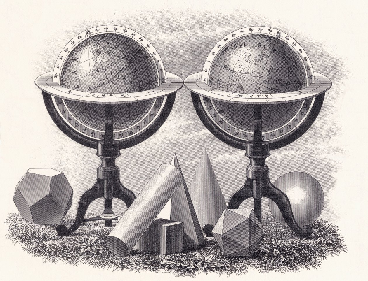 Globen der Erde und des Himmels mit geometrischen Formen von English School