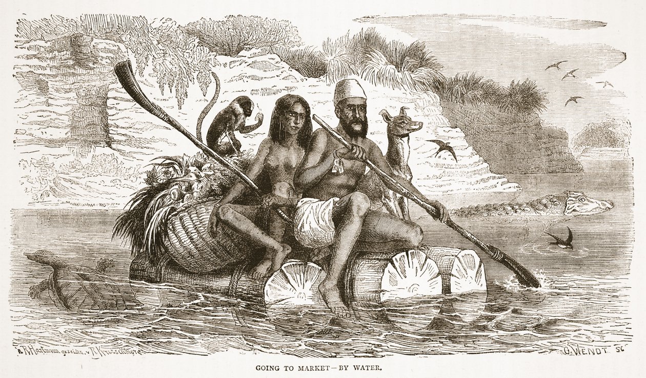 Auf dem Weg zum Markt - auf dem Wasserweg, Illustration aus der Bildausgabe des Lebens und der Entdeckungen von David Livingstone von J. Ewing Richie, veröffentlicht von A. Fullarton & Co., 1876 von English School