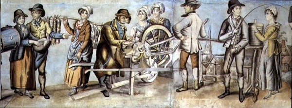 Zum Jahrmarkt gehen, Detail eines Messerschleifers und Handwerker und Frauen, um 1815 (Aquarell mit Gouache auf Papier) von English School