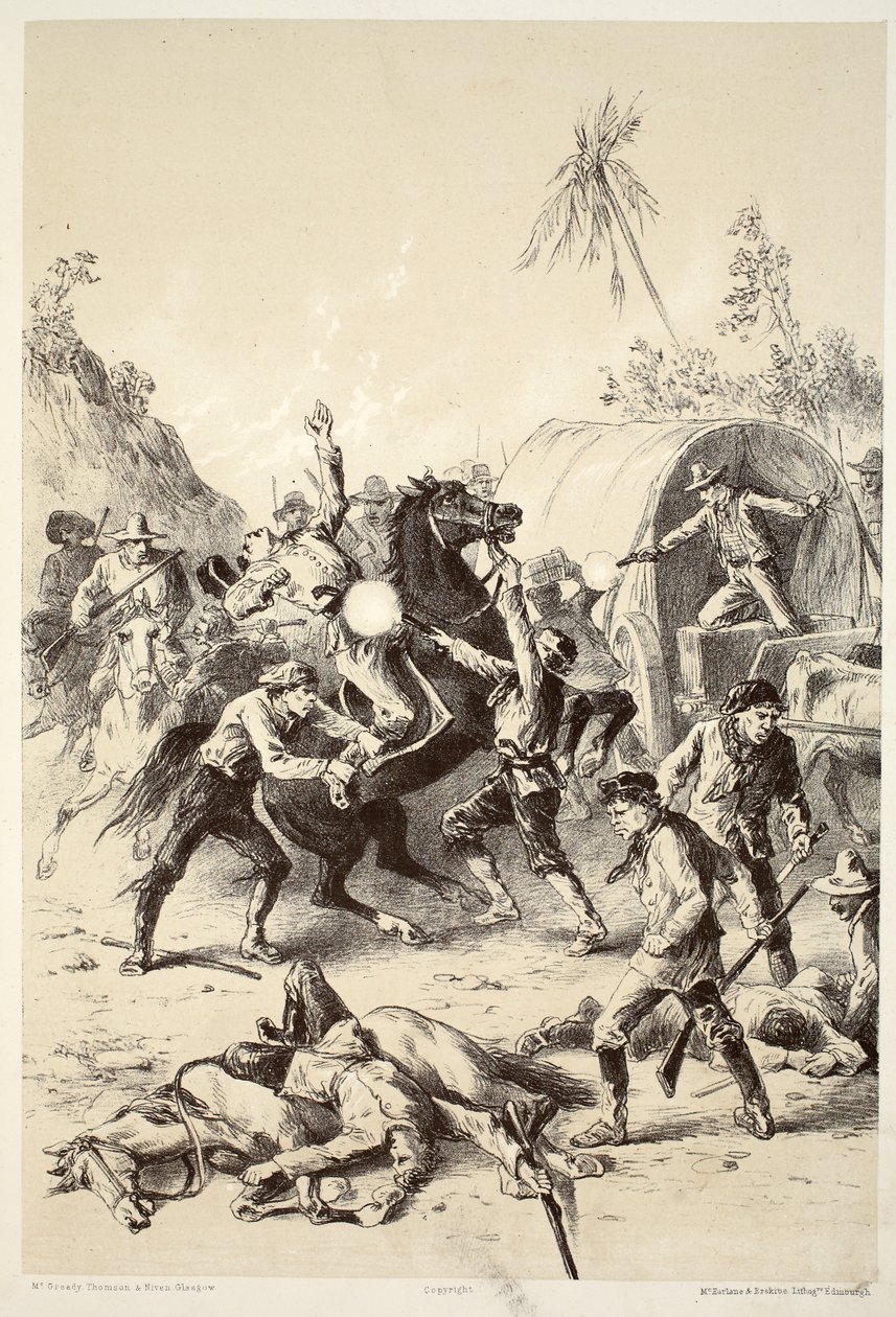 Gold-Eskorte von Busch-Rangern angegriffen, aus Die Geschichte von Australasien von David Blair, McGrady, Thomson und Niven, 1879 von English School