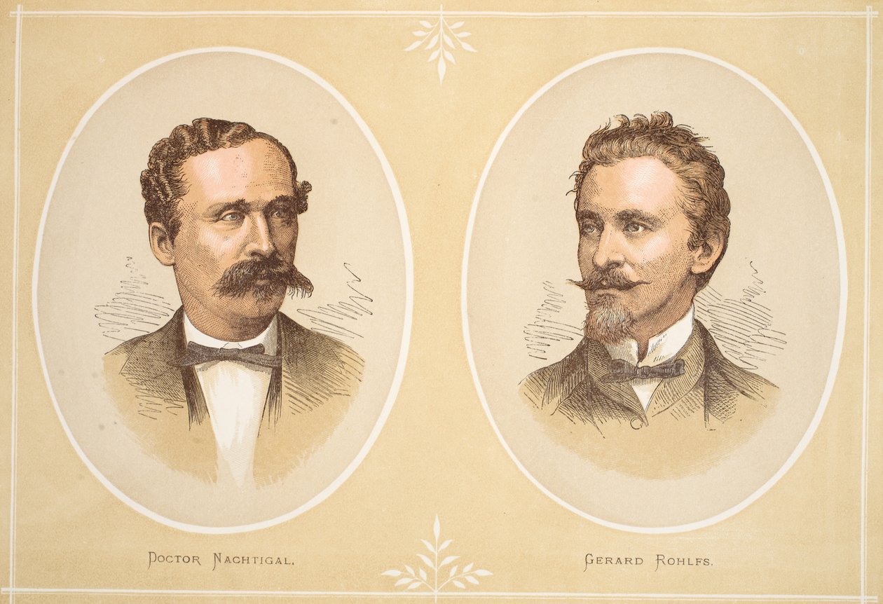Gustav Nachtigal und Gerard Rohlfs, Illustration aus der Bildausgabe des Lebens und der Entdeckungen von David Livingstone von J. Ewing Richie, veröffentlicht von A. Fullarton & Co., 1876 von English School