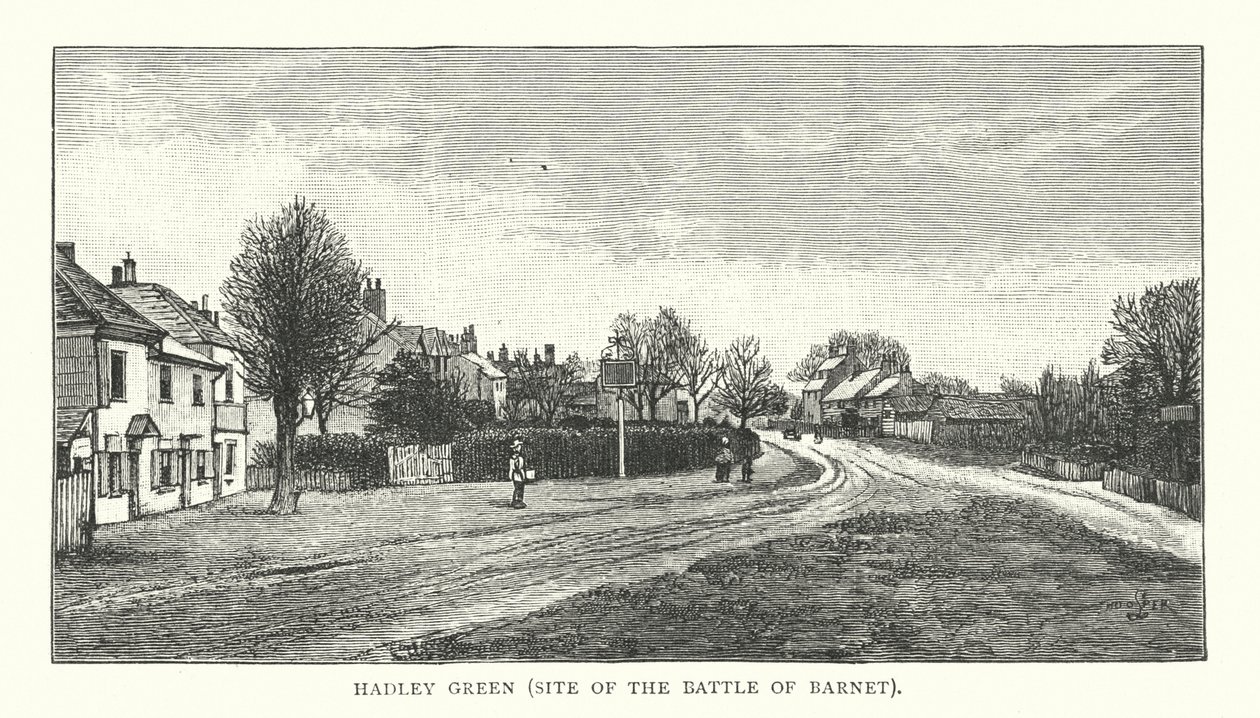 Hadley Green, Ort der Schlacht von Barnet (Gravur) von English School