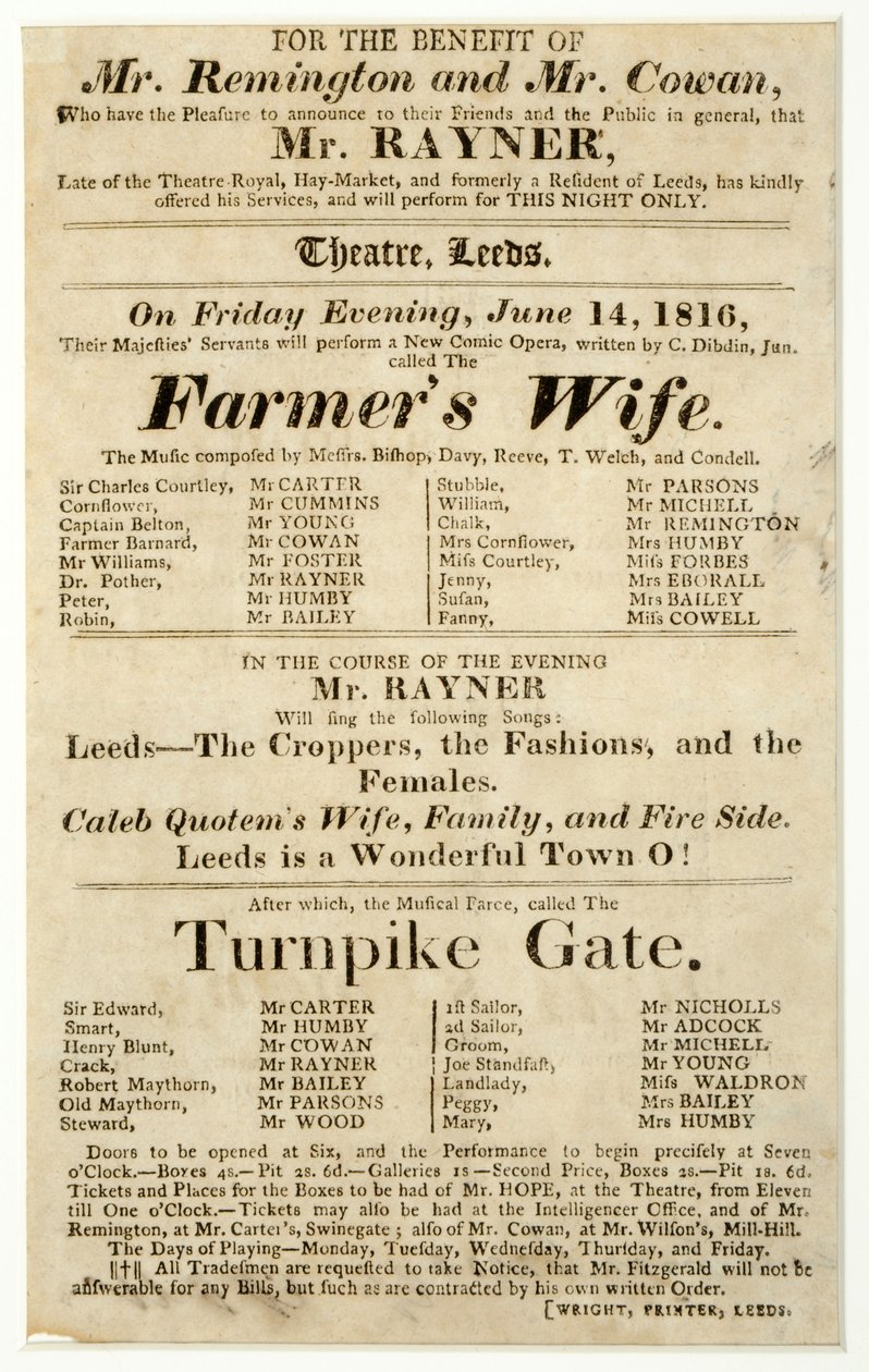 Handzettel, der eine einmalige Aufführung von Mr. Rayner in "Die Frau des Bauern" und "Turnpike Gate" im Theater von Leeds bewirbt von English School