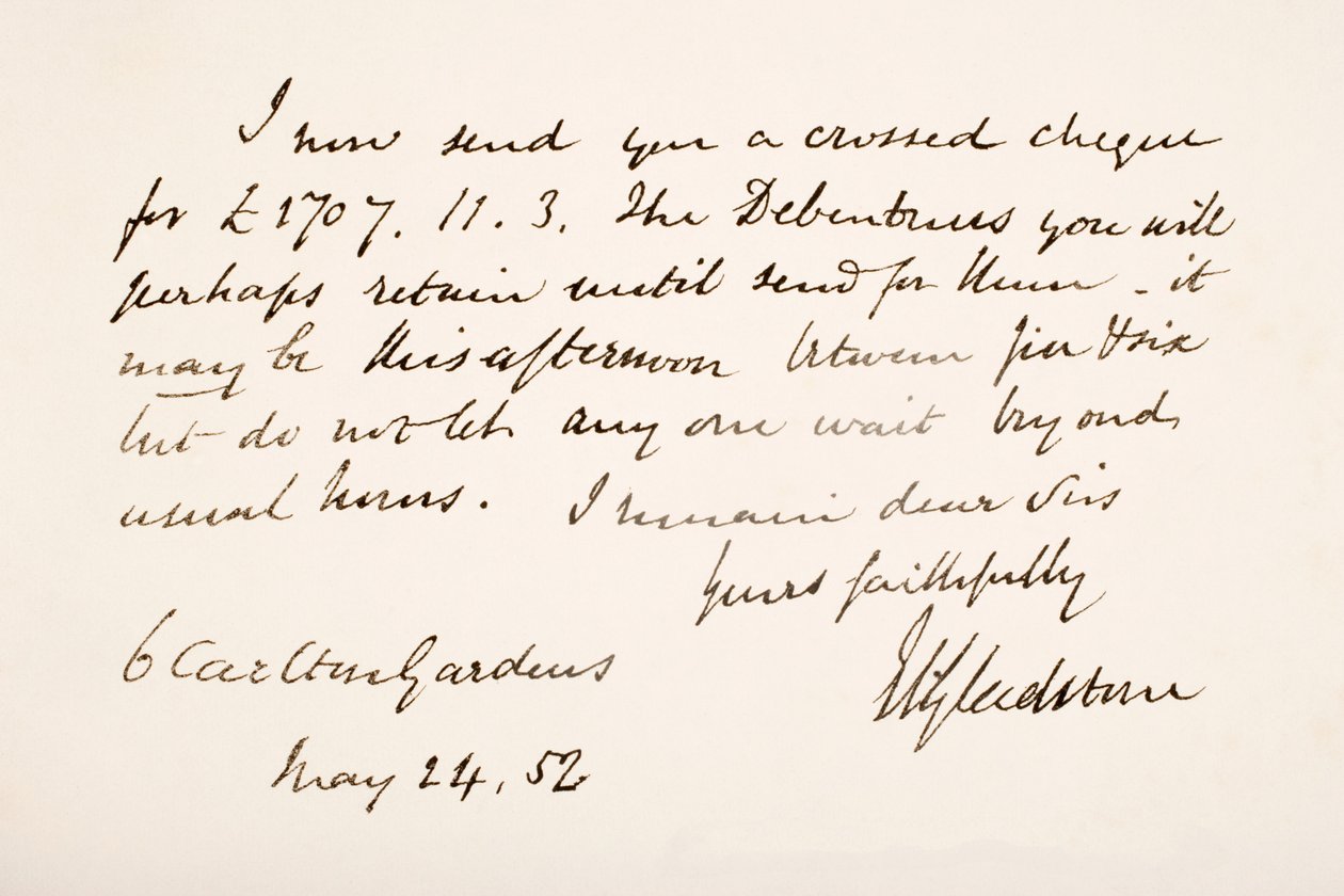Handschrift und Unterschrift von William Eward Gladstone, 1852 von English School