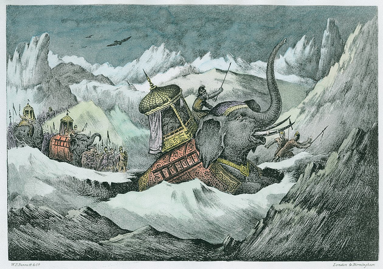 Hannibal (247-ca.183 v. Chr.) und seine Kriegselefanten überqueren die Alpen (spätere Kolorierung) von English School