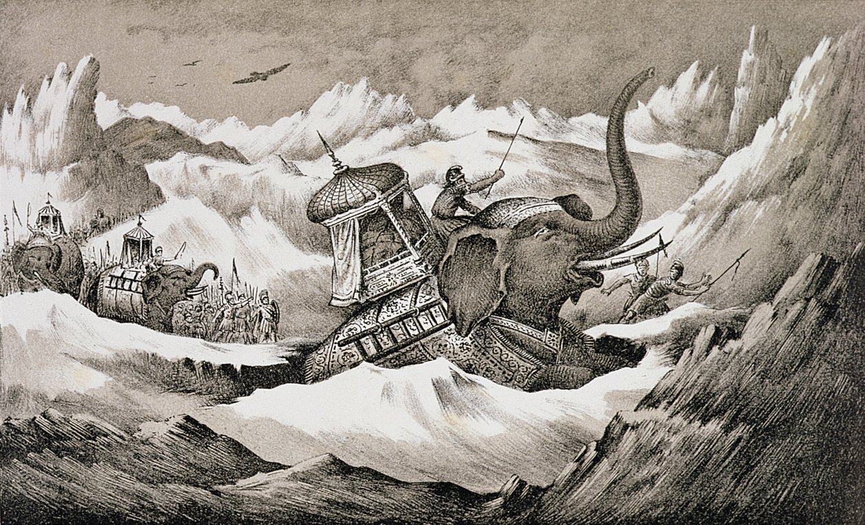 Hannibal (247-ca.183 v. Chr.) und seine Kriegselefanten überqueren die Alpen von English School