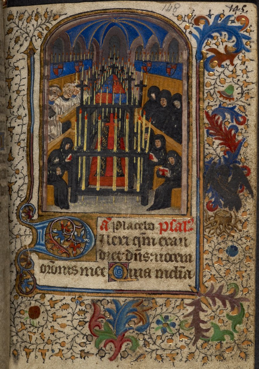 Ein Begräbnisdienst mit dem Sarg bedeckt von den Waffen von John, Herzog von Bedford, aus den 