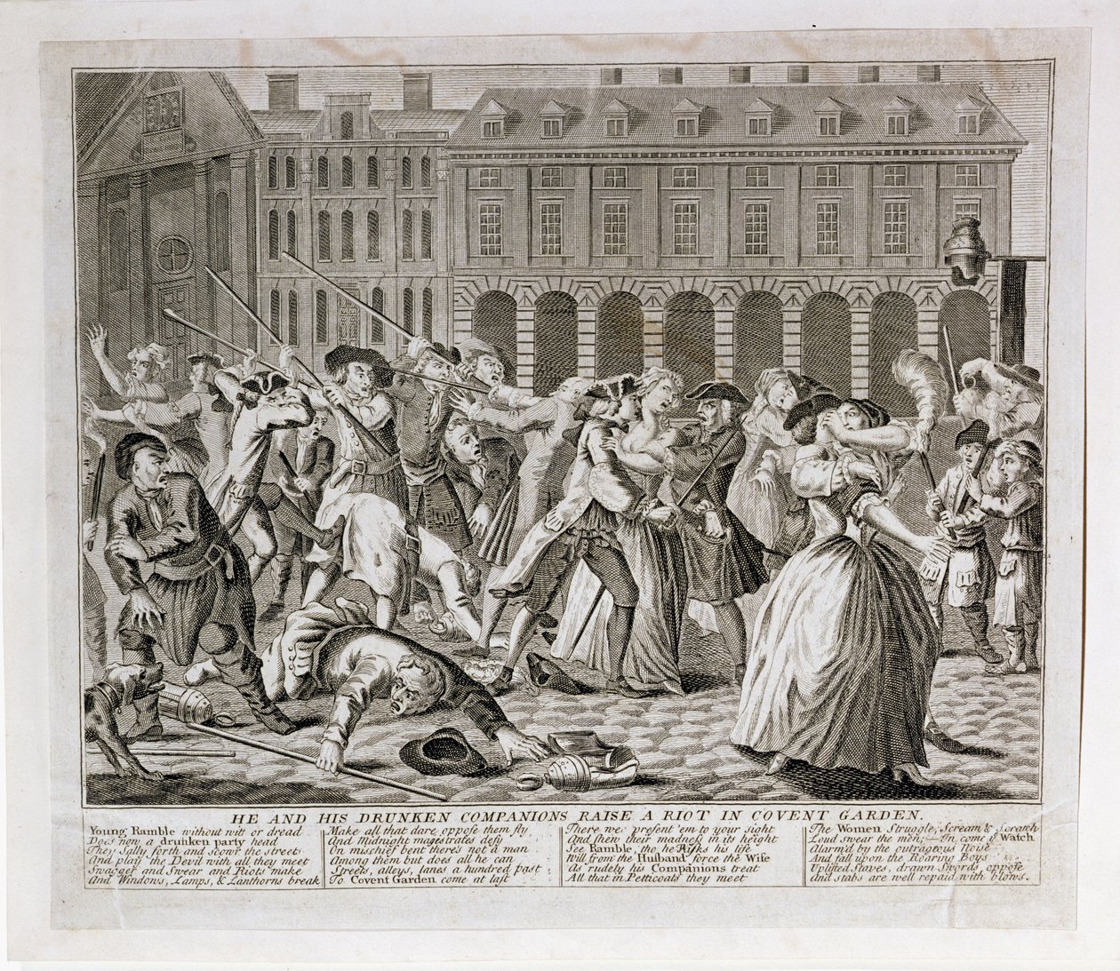 Er und seine betrunkenen Gefährten verursachen einen Aufruhr im Covent Garden, 1735 von English School