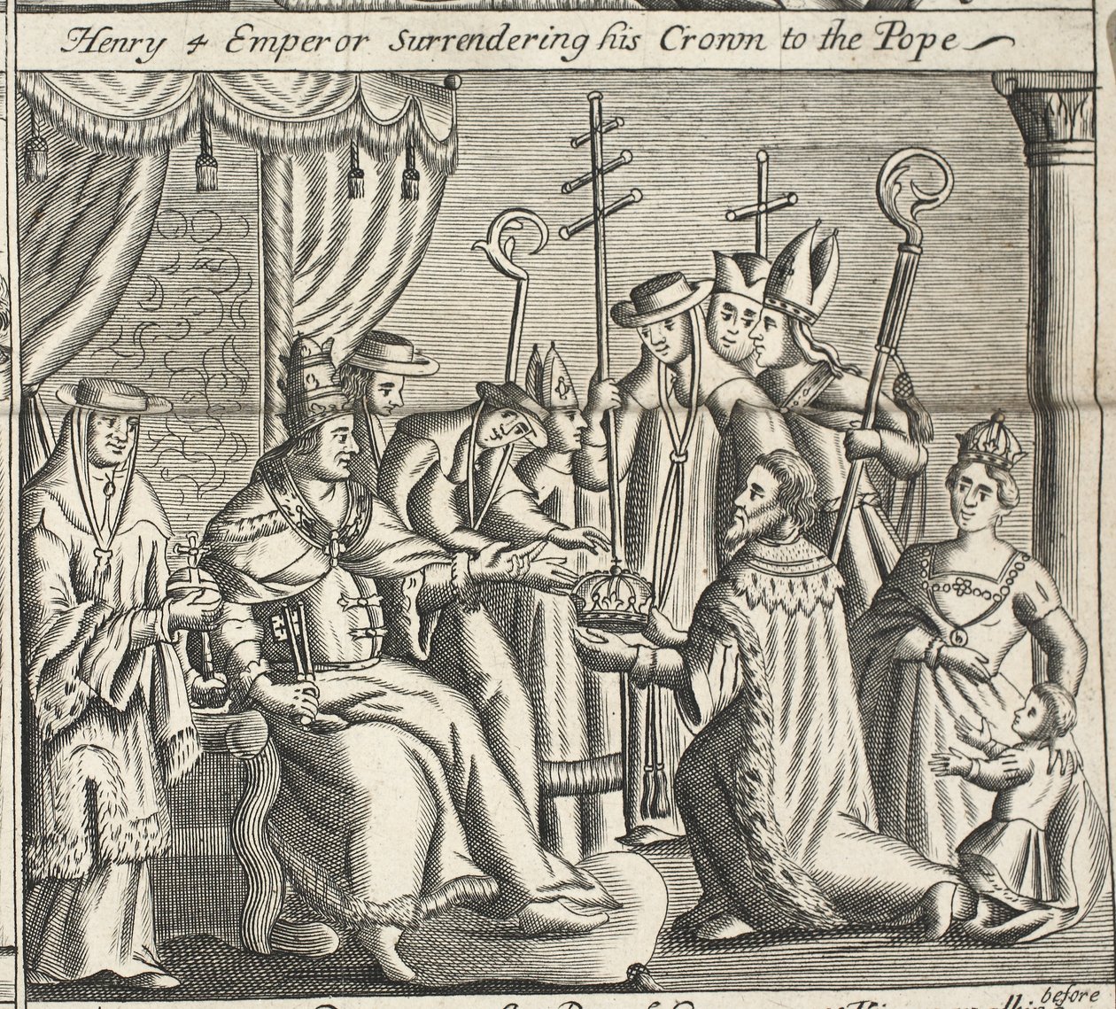Heinrich IV. Kaiser übergibt seine Krone dem Papst, Illustration aus Acts and Monuments von John Foxe, neunte Ausgabe, veröffentlicht 1684 von English School