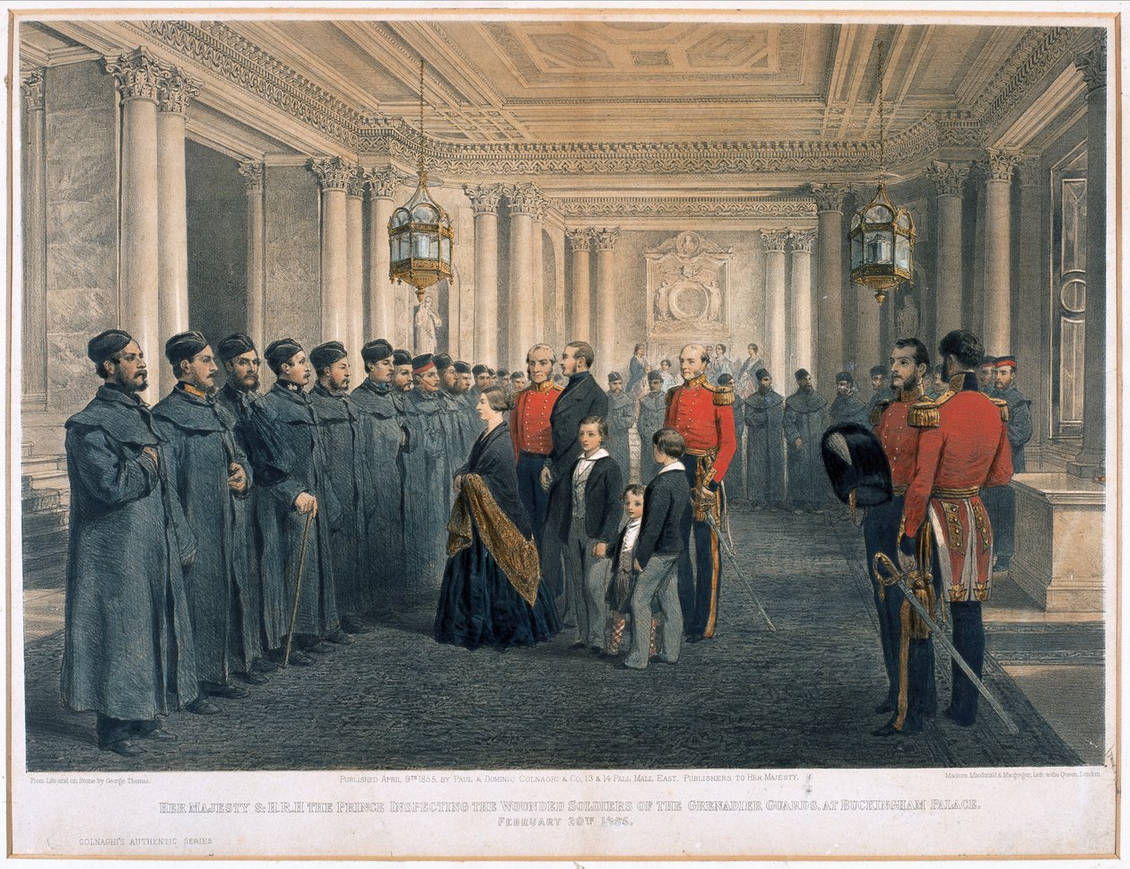 Ihre Majestät Königin Victoria (1819-1901) und H.R.H. Prinz Albert (1819-61) inspizieren die verwundeten Soldaten der Grenadier Guards im Buckingham Palace, 1855 von English School