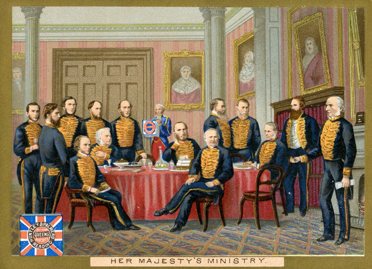 Das Ministerium Ihrer Majestät, eine Werbekarte für Huntley & Palmers Biscuits, ca. 1890 von English School