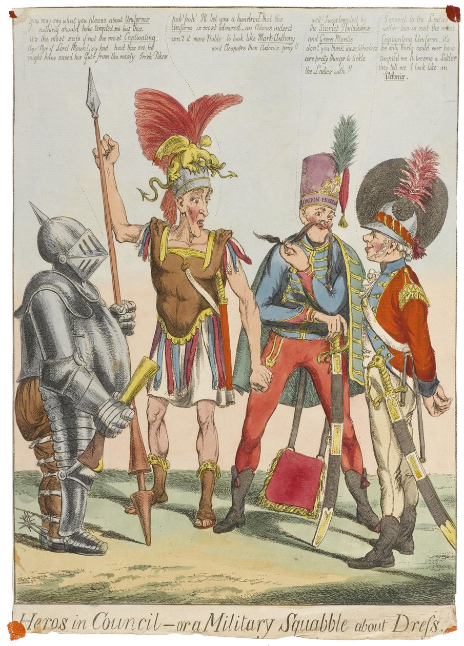 Helden im Rat - oder ein militärischer Streit über Kleidung, ca. 1820 von English School