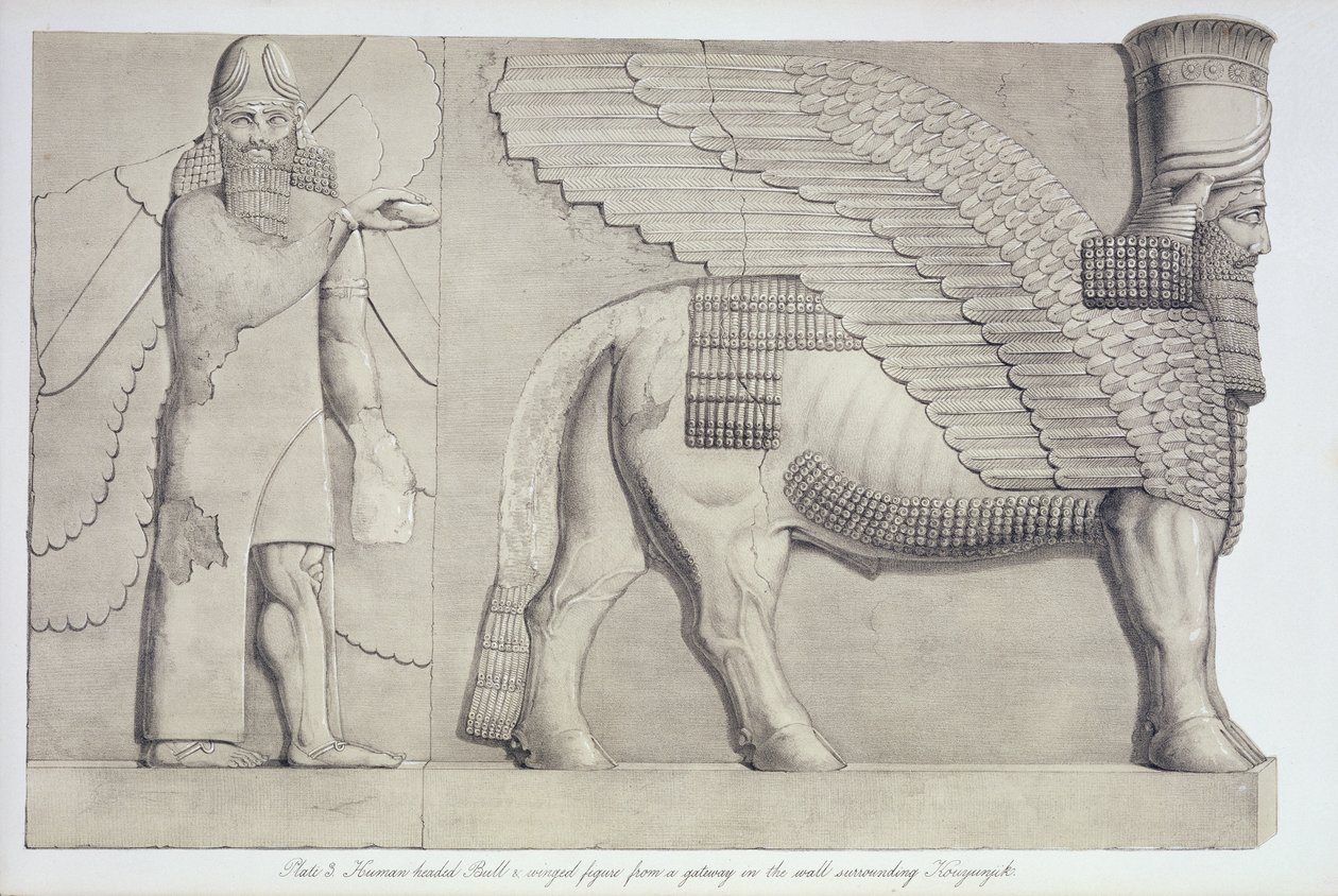 Menschlicher Stierkopf und geflügelte Figur von einem Tor an der Mauer um Koujunjik, Tafel 3 aus Ninive und seine Überreste von Austen Henry Layard (1817-94) veröffentlicht 1849 von English School