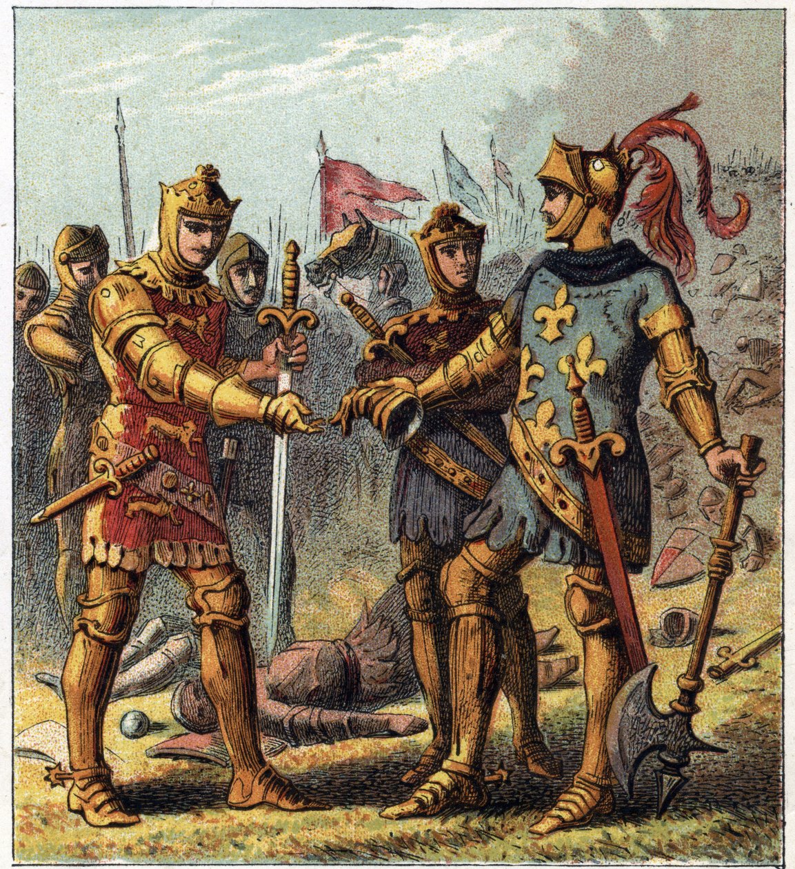 Hundertjähriger Krieg: Schlacht von Poitiers (1356). Der König von Frankreich, Johann II. der Gute (1319-1364), erkannte seine Niederlage an und ging zu Edward Plantagenet von England (Edward von Woodstock Brackembury) von English School