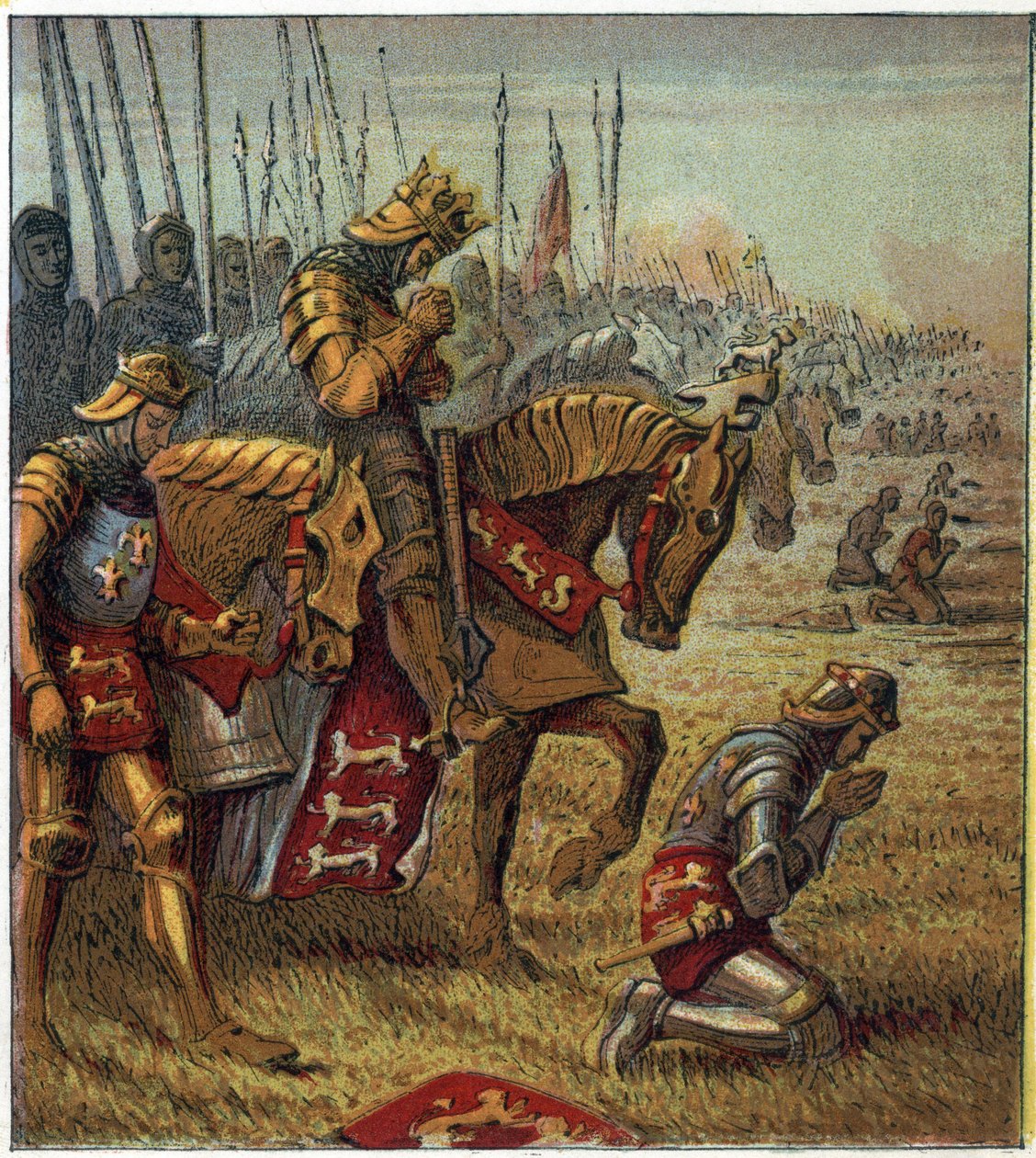 Hundertjähriger Krieg: „Die Schlacht von Azincourt am 25.10.1415“. König Heinrich V. (1387-1422) betete, bevor er den französischen Truppen gegenüberstand. Die Schlacht von Azincourt: König Heinrich der Fünfte betet vor der Schlacht um den Sieg. von English School