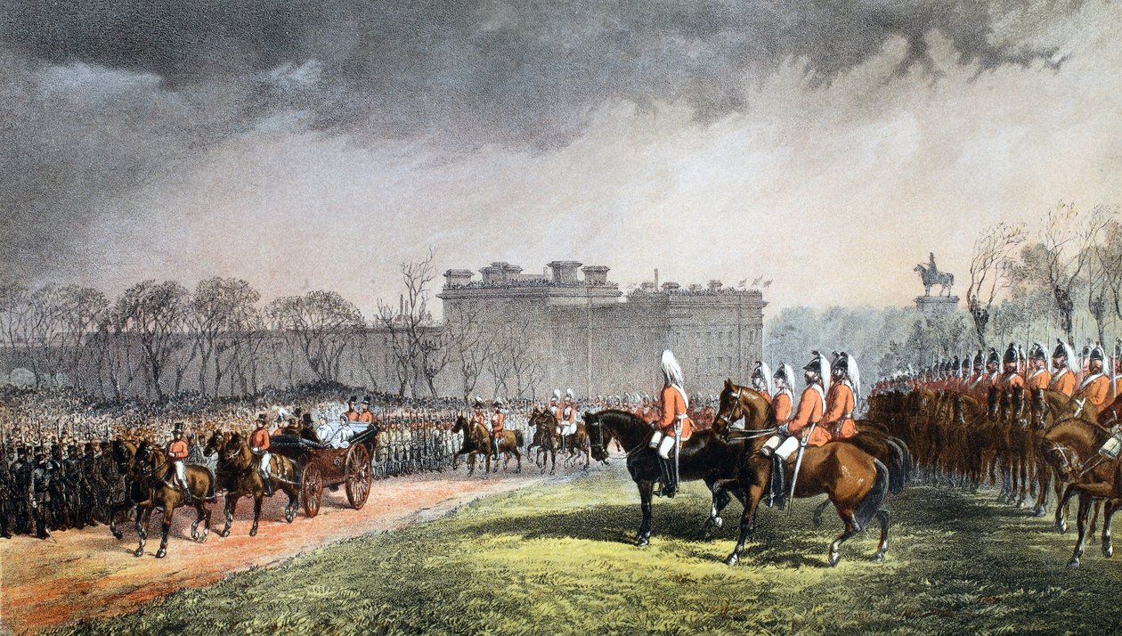 Hyde Park - Die Prinzessin passiert die Reihen der Freiwilligen, 7. März 1863, aus Ein Gedenkbuch zur Hochzeit von Edward VII. und Alexandra von Dänemark, veröffentlicht 1864 von English School