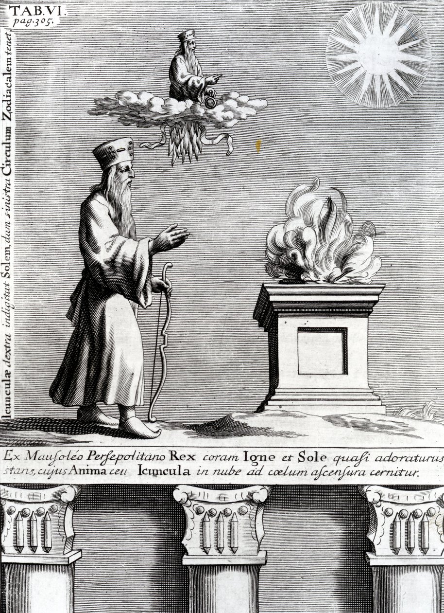 Illustration von Zoroaster, der Feuer und die Sonne anbetet, 1697 von English School