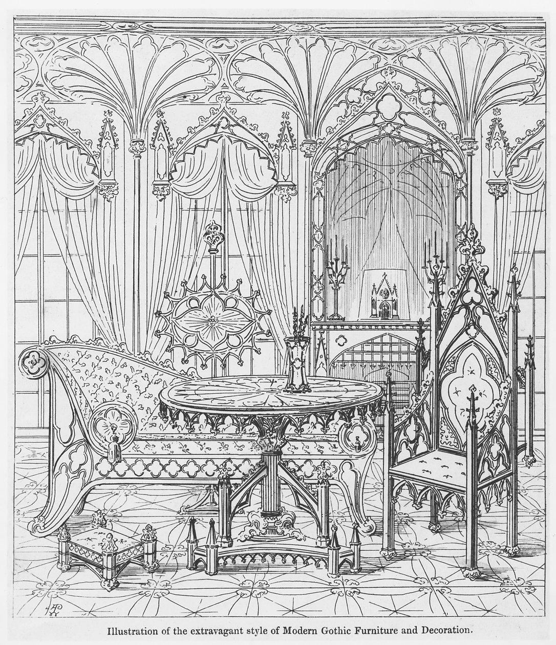 Illustration des extravaganten Stils der modernen gotischen Möbel und Dekoration, aus Wahre Prinzipien der spitzen oder christlichen Architektur, von Augustus Welby Pugin (1812-52) von English School