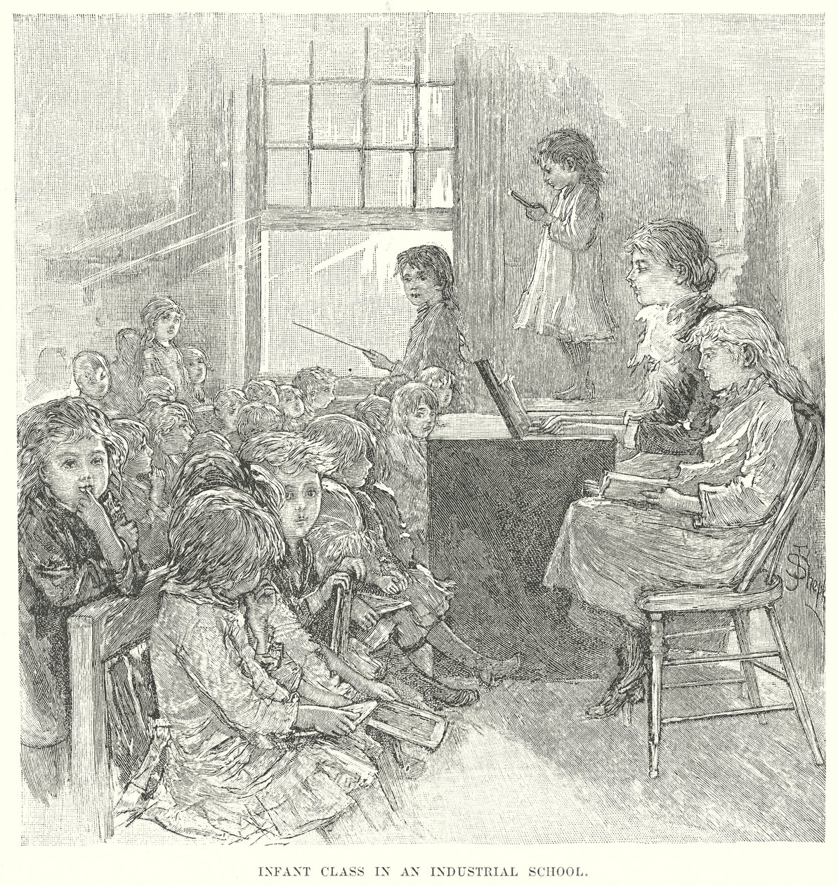 Kleinklasse in einer Industrieschule (Gravur) von English School